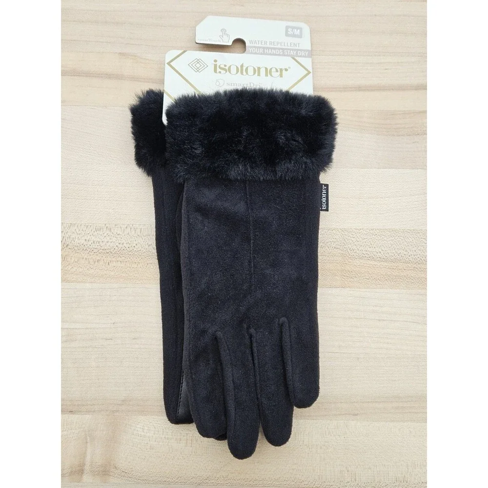 NWT Isotoner Mya Women's smarTouch Gloves Black Microsuede Fur Cuff S/M Texting - Picture 7 of 7
